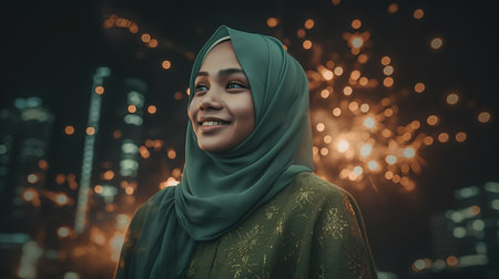 Portrait of young beautiful muslim woman wearing green hijab and smilingの素材
