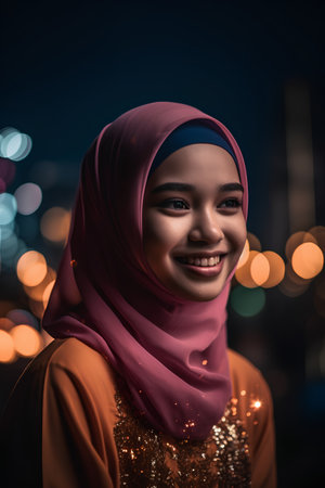 Portrait of beautiful young Asian muslim woman wearing hijab at nightの素材