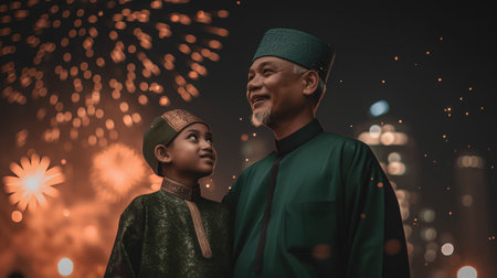 Portrait of Asian grandfather and grandson in traditional clothes with fireworks backgroundの素材