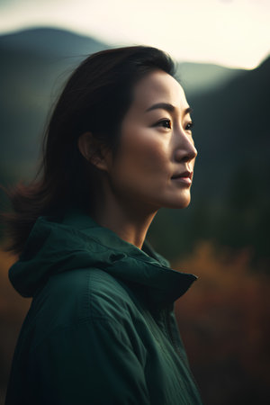 portrait of a beautiful asian woman in a green jacket in the mountainsの素材