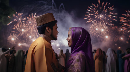 Young muslim couple looking at fireworks during Hari Raya celebrationの素材