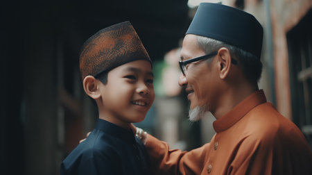 Asian Muslim father and son in the city. Selective focus.の素材