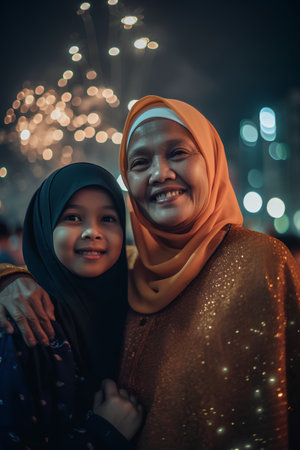 Muslim mother with her daughter at New Year Eve celebration in the cityの素材
