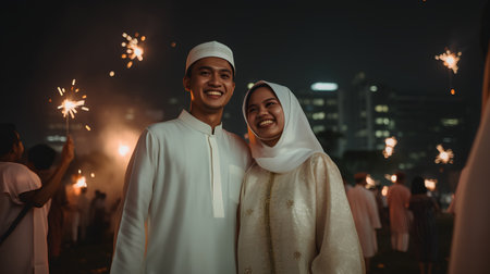 muslim couple with sparklers in the city at night, asianの素材