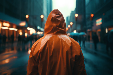 A man in a raincoat is standing in the middle of the city.の素材