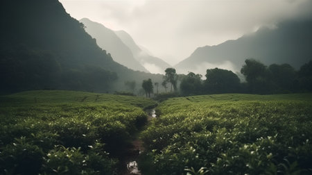 Tea plantation in the morning, Vang Vieng, Laos.の素材