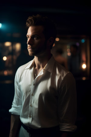 Handsome young man in white shirt standing in dark room at nightの素材