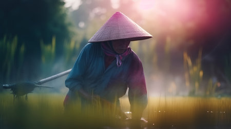 Vietnamese farmer working on the rice field in the early morningの素材
