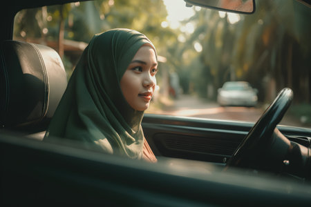 portrait of beautiful asian muslim woman wearing hijab driving carの素材