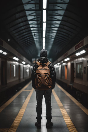 Back view of a man with a backpack standing in a subway stationの素材