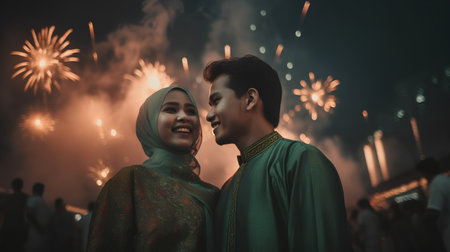muslim couple looking at fireworks during eid mubarak celebrationの素材