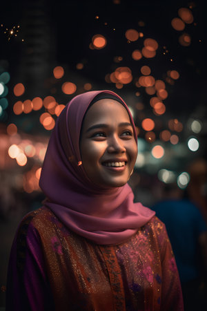 Portrait of a beautiful young muslim woman with hijab at nightの素材