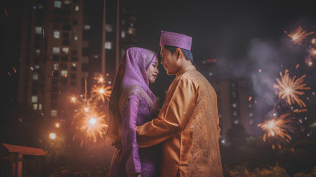 muslim couple looking at fireworks in the night with cityscape backgroundの素材