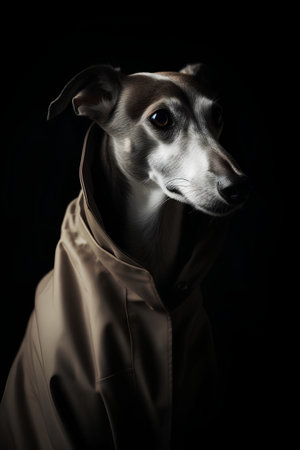 Portrait of a greyhound in a raincoat on a black backgroundの素材