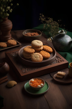 Homemade cookies on a wooden tray. Dark background. Selective focus.の素材