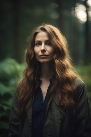 Portrait of a beautiful young woman with long red hair in the forestの素材