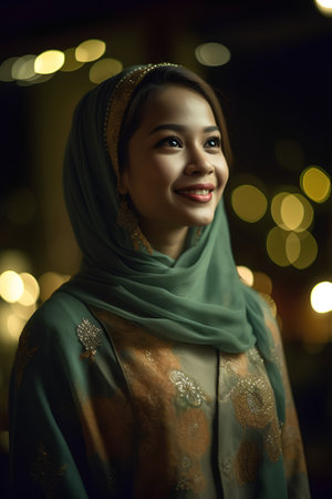 Portrait of a beautiful asian muslim woman wearing green dressの素材