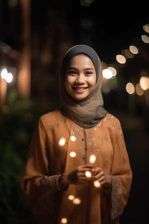 Portrait of a young muslim woman holding a burning candle at nightの素材
