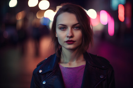 Portrait of a beautiful young woman in the city at night.の素材
