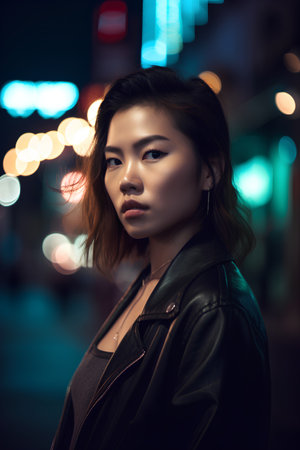 Portrait of a beautiful young asian woman in the city at nightの素材