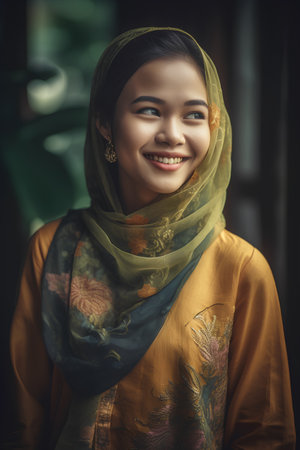 Portrait of a beautiful young asian muslim woman wearing traditional clothesの素材