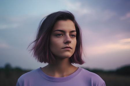 portrait of a beautiful girl with pink hair in a field at sunsetの素材