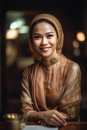 Portrait of beautiful asian muslim woman smiling at camera while sitting in cafeの素材