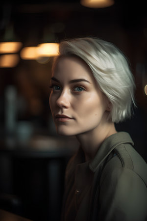 Portrait of a beautiful young woman with short blonde hair in a cafeの素材
