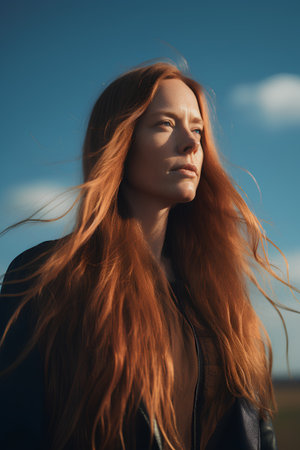 Portrait of a beautiful red-haired girl with freckles on her faceの素材