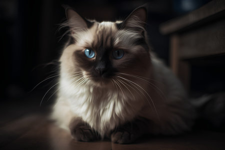 Portrait of a beautiful cat with blue eyes sitting on the floorの素材