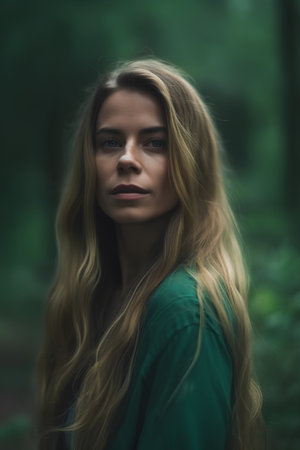 Portrait of a beautiful girl in a green dress in the forestの素材