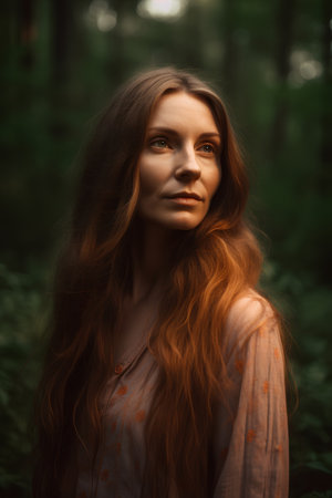 Portrait of beautiful young woman with long red hair in the forestの素材