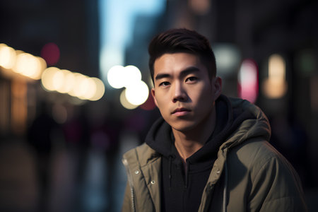 Portrait of a handsome young asian man in the city at nightの素材