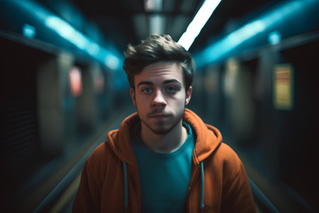 Portrait of a young man in a subway tunnel looking at the cameraの素材