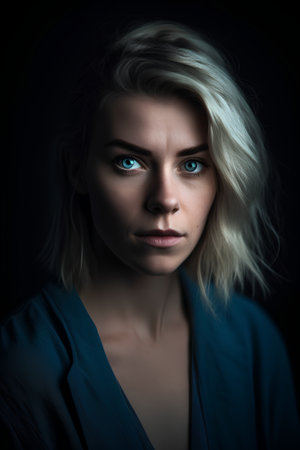 Fashion portrait of beautiful blonde woman with blue eyes on black backgroundの素材