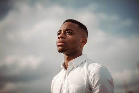 Handsome african american man in white shirt on sky backgroundの素材