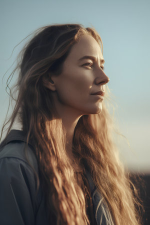 Portrait of a beautiful girl with long hair on the background of the skyの素材