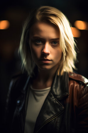 Portrait of a handsome young man in a leather jacket, looking at the camera.の素材