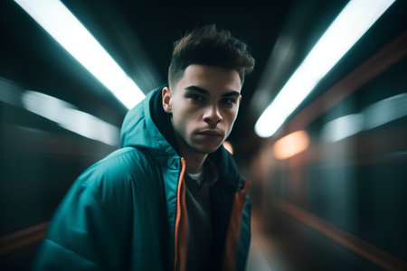 Young man in a green raincoat in a dark underground tunnel.の素材