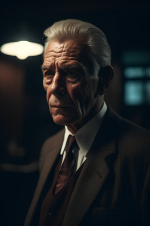 Portrait of an elderly man with gray hair in a dark roomの素材