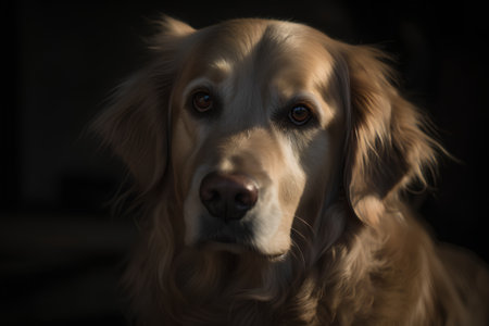 Portrait of a golden retriever dog in the dark room.の素材