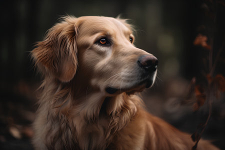 Portrait of golden retriever dog in the forest. Selective focus.の素材