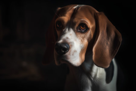 Portrait of a beagle dog on a dark background. Studio shot.の素材