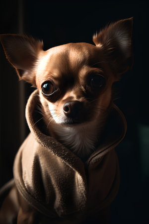 Cute little chihuahua dog in sweater on dark backgroundの素材