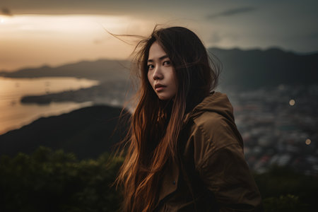 Portrait of a beautiful asian woman with long hair at sunset.の素材