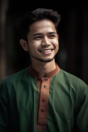 Portrait of a handsome asian man in a green shirt.の素材