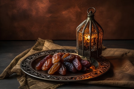 Dates fruit and Ramadan Kareem lantern on dark background. Selective focus.の素材