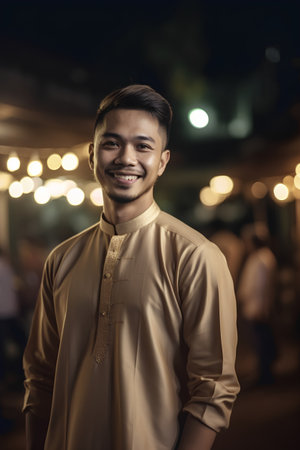 Handsome asian man smiling and looking at camera at night.の素材