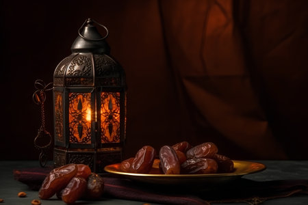 Ramadan Kareem background with dates fruits and lantern on dark backgroundの素材