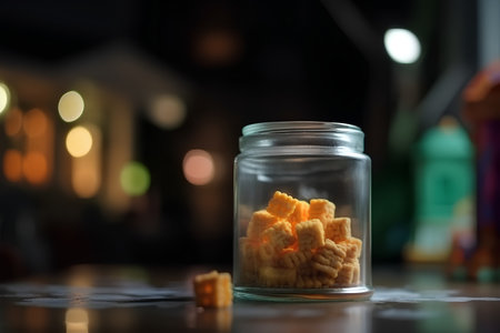 Crackers in a glass jar on a table in a night clubの素材